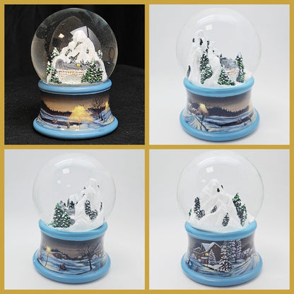 Nostalgische Schneekugel Berg mit Brücke Winterlandschaft blauer Rand 100 mm Durchmesser mit Spieluhr - Schneekugelhaus