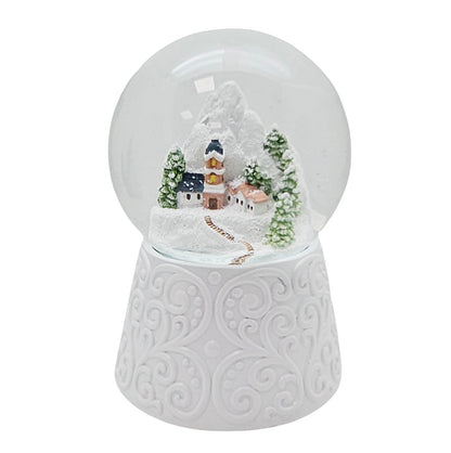 Nostalgische Schneekugel Bergdorf auf Sockel weiß Ornamente 100 mm Durchmesser mit Spieluhr - Schneekugelhaus