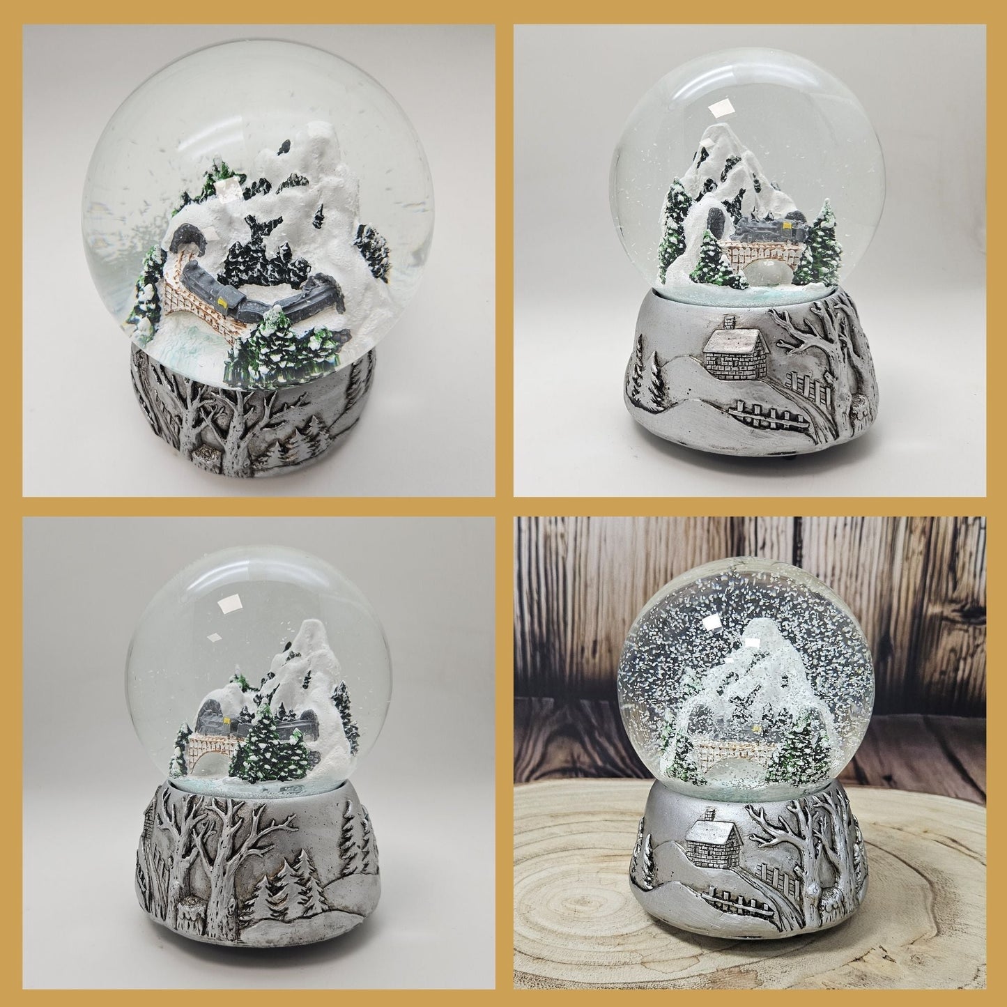 Nostalgische Schneekugel Berglandschaft Brücke Silber Landschaft 100 mm Durchmesser mit Spieluhr - Schneekugelhaus