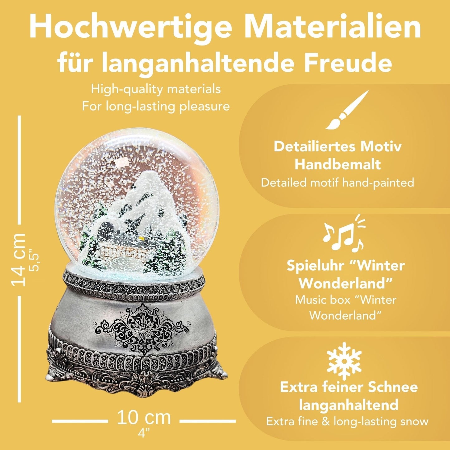 Nostalgische Schneekugel Berglandschaft mit Brücke auf Zinnsockel 100 mm Durchmesser mit Spieluhr - Schneekugelhaus