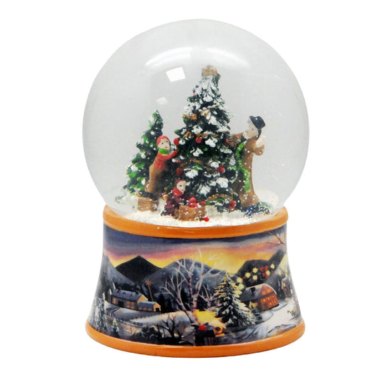 Nostalgische Schneekugel Christbaum schmücken auf Sockel Winterlandschaft ocker 100 mm Durchmesser mit Spieluhr - Schneekugelhaus