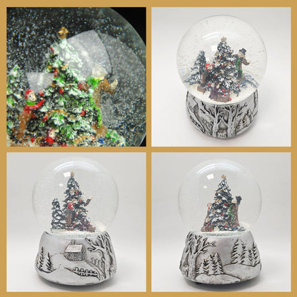 Nostalgische Schneekugel Christbaum schmücken auf Silber Landschaft 100 mm Durchmesser mit Spieluhr - Schneekugelhaus