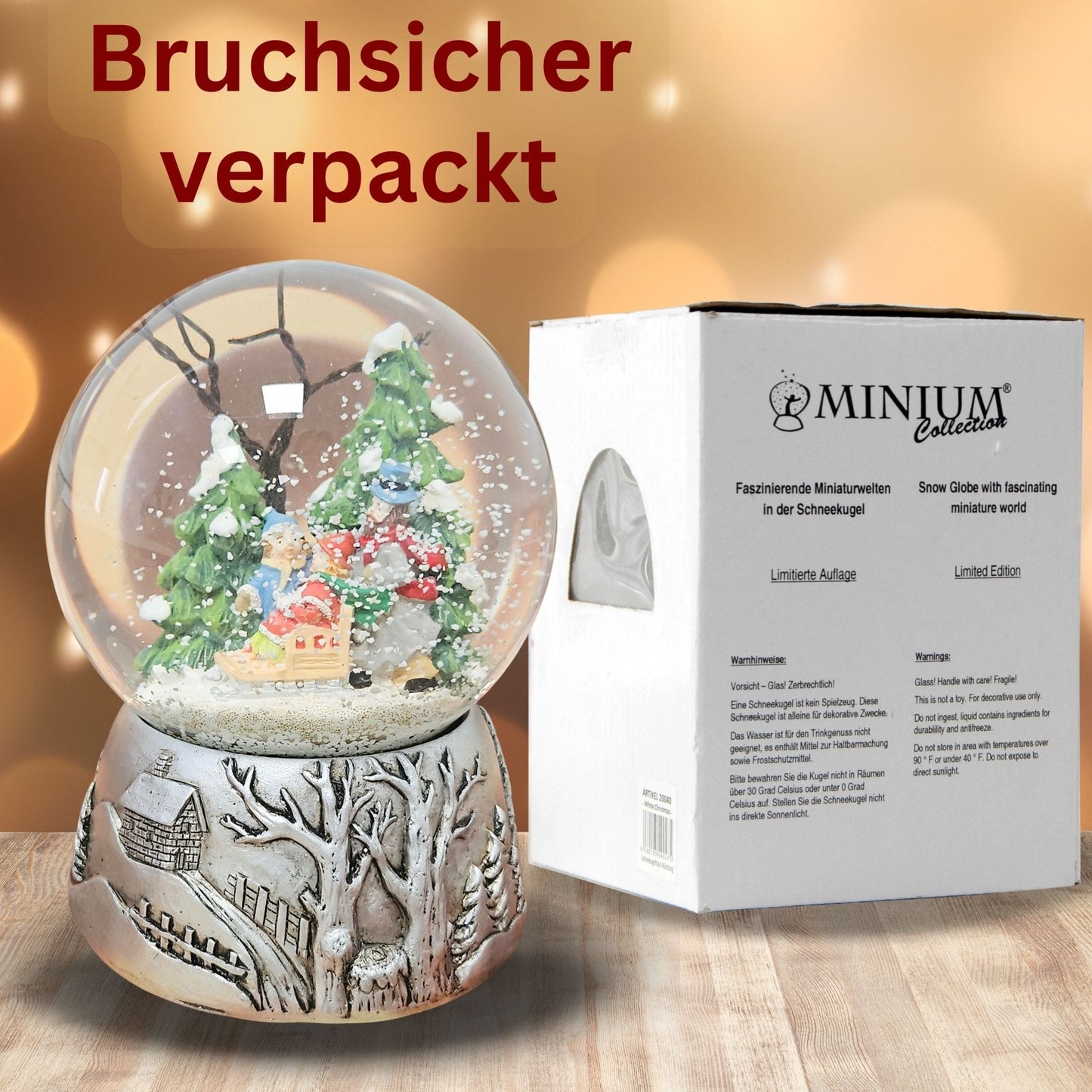 Nostalgische Schneekugel Familienspaziergang Silber Landschaft 100 mm Durchmesser mit Spieluhr - Schneekugelhaus
