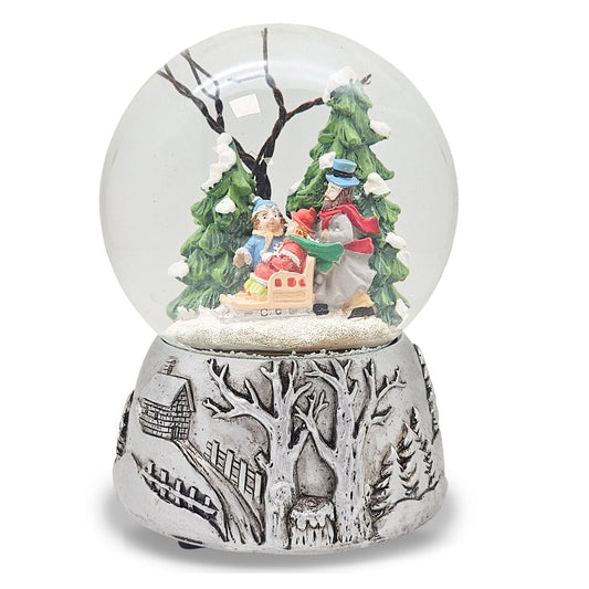 Nostalgische Schneekugel Familienspaziergang Silber Landschaft 100 mm Durchmesser mit Spieluhr - Schneekugelhaus