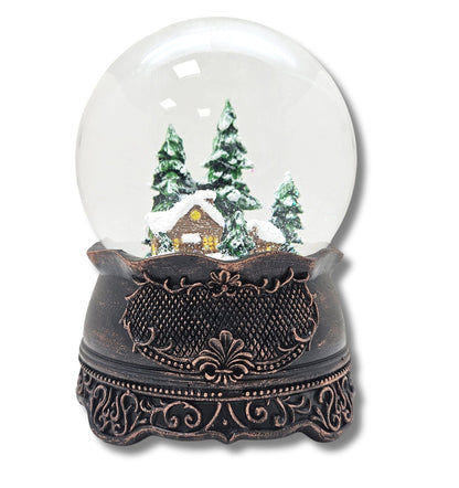 Nostalgische Schneekugel Hüttenzauber Berghütte auf Ornamentsockel kupfer antik 100 mm Durchmesser mit Spieluhr - Schneekugelhaus
