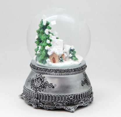 Nostalgische Schneekugel Hüttenzauber Berghütte auf Zinn - Sockel 100 mm Durchmesser mit Spieluhr - Schneekugelhaus