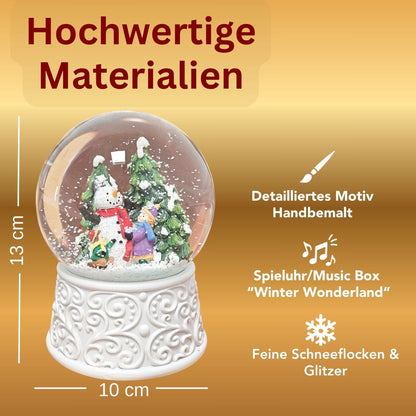 Nostalgische Schneekugel Kinder bauen Schneemann Ornamente 100 mm Durchmesser mit Spieluhr - Schneekugelhaus