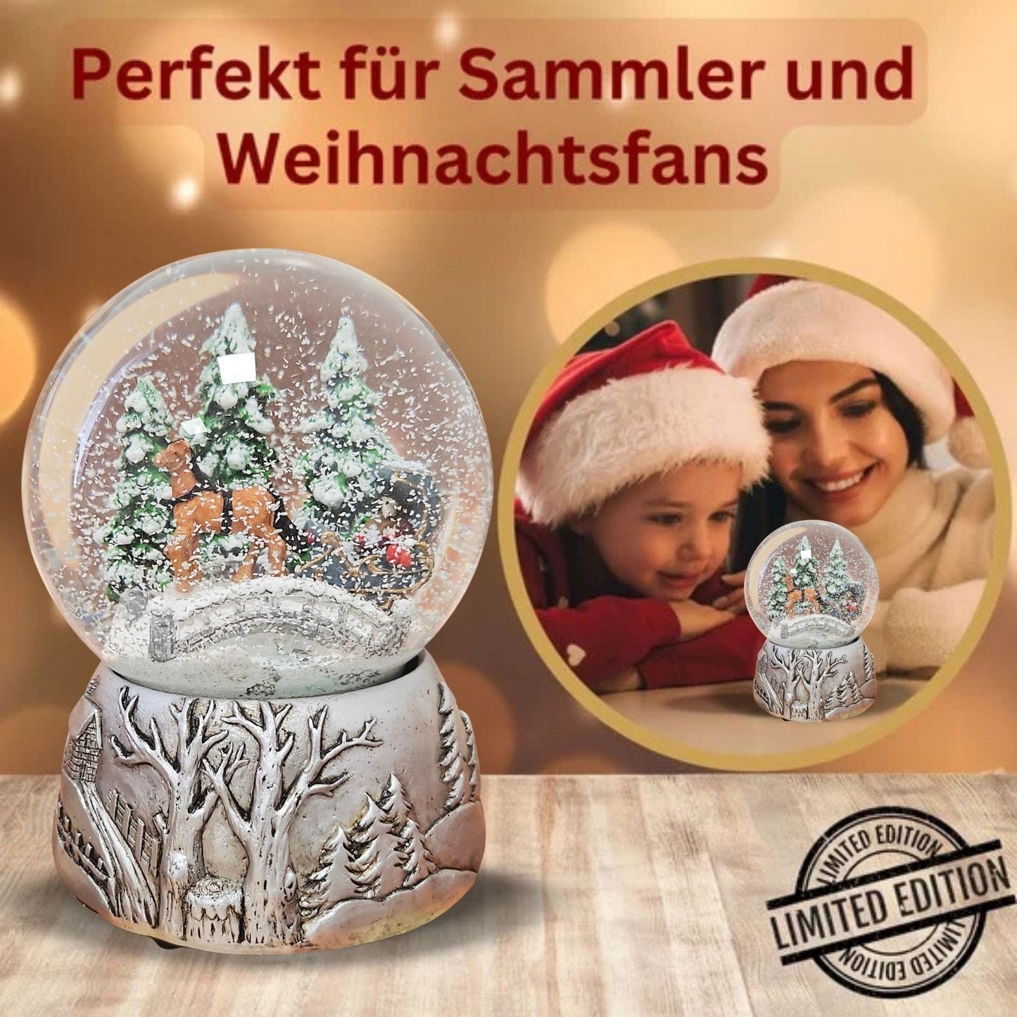 Nostalgische Schneekugel Kutsche Brücke auf Silber Landschaft 100 mm Durchmesser mit Spieluhr - Schneekugelhaus
