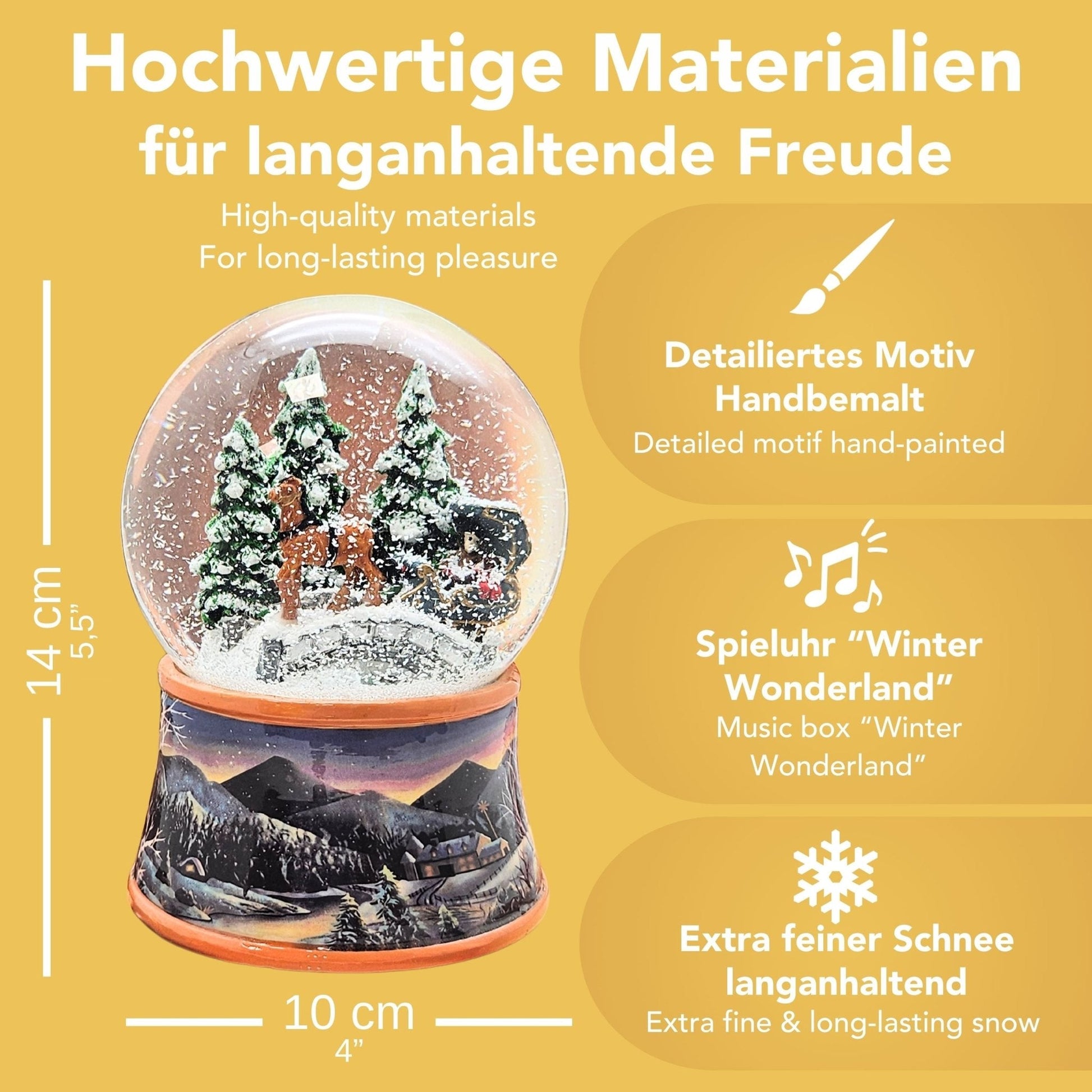 Nostalgische Schneekugel Kutsche über Brücke auf Sockel Winterlandschaft 100 mm Durchmesser mit Spieluhr - Schneekugelhaus