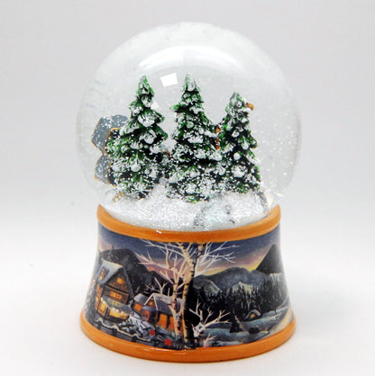 Nostalgische Schneekugel Kutsche über Brücke auf Sockel Winterlandschaft 100 mm Durchmesser mit Spieluhr - Schneekugelhaus