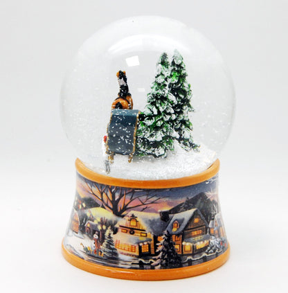Nostalgische Schneekugel Kutsche über Brücke auf Sockel Winterlandschaft 100 mm Durchmesser mit Spieluhr - Schneekugelhaus