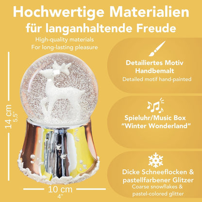 Nostalgische Schneekugel Reh weiß auf Silber Sockel mit Schneeflocken 100 mm Durchmesser mit Spieluhr - Schneekugelhaus