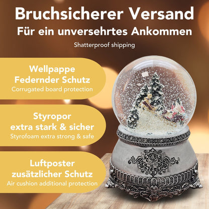 Nostalgische Schneekugel Santa im Schlitten auf Zinnsockel 100 mm Durchmesser mit Spieluhr - Schneekugelhaus
