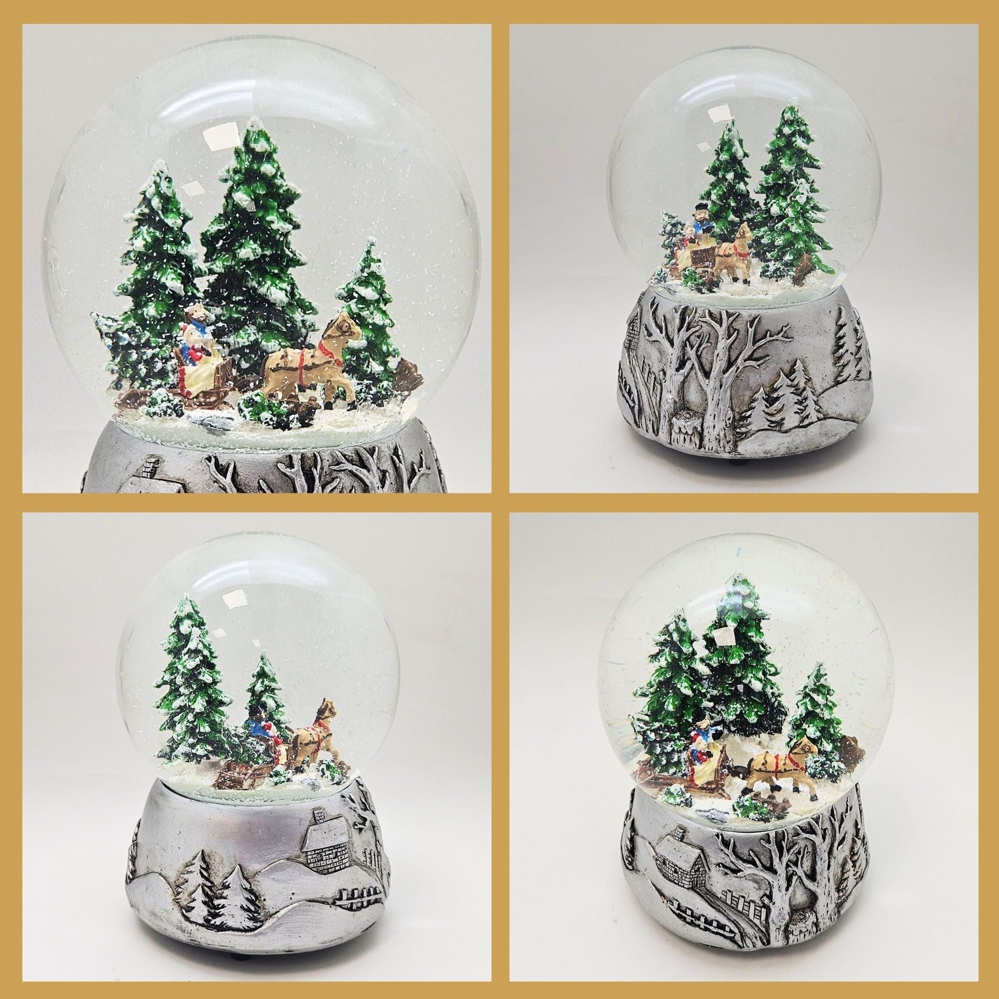 Nostalgische Schneekugel Schlittenfahrt auf Silber Landschaft 100 mm Durchmesser mit Spieluhr - Schneekugelhaus