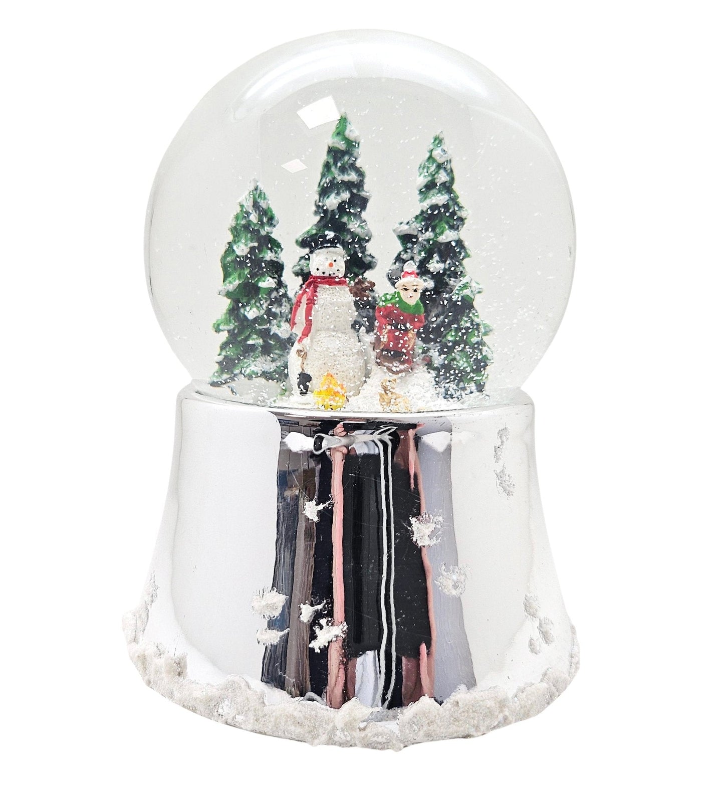 Nostalgische Schneekugel Schneemann steht auf Silber Sockel mit Schneeflocken 100 mm Durchmesser mit Spieluhr - Schneekugelhaus