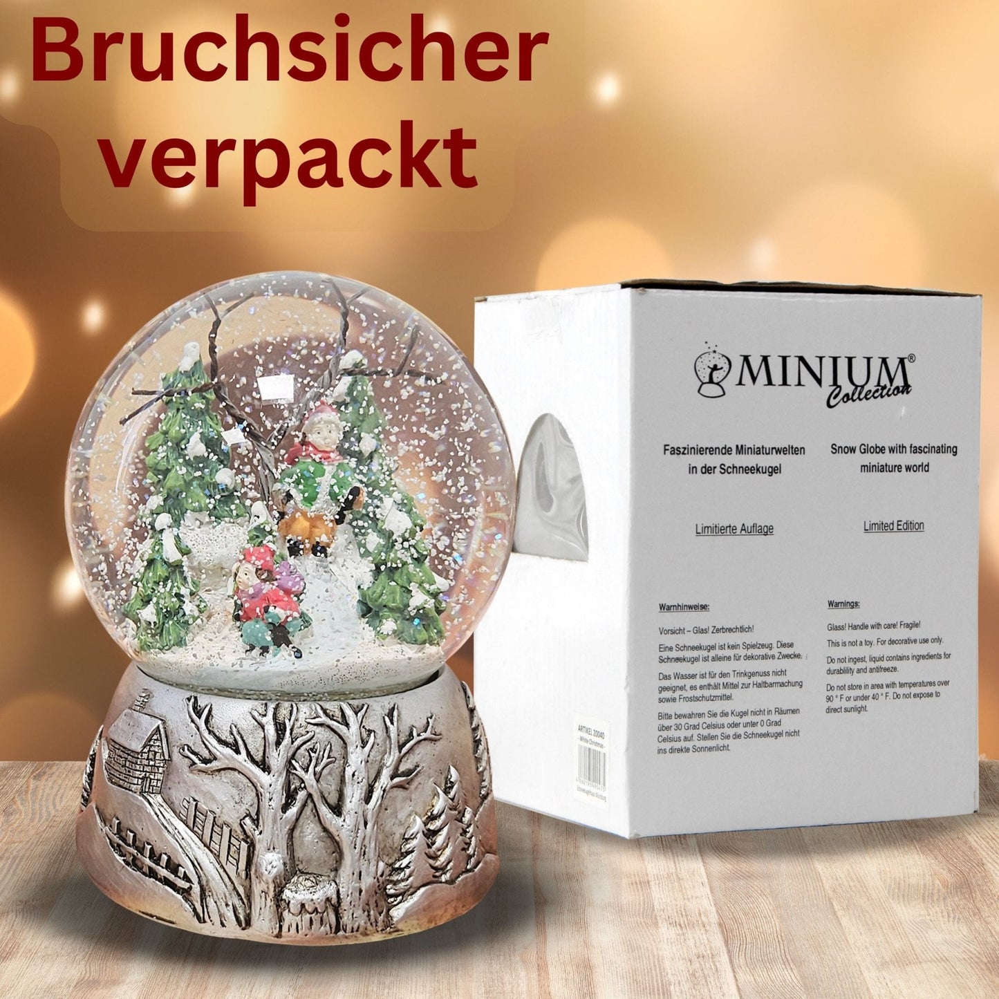 Nostalgische Schneekugel Skifahrer auf Silber Landschaft 100 mm Durchmesser mit Spieluhr - Schneekugelhaus