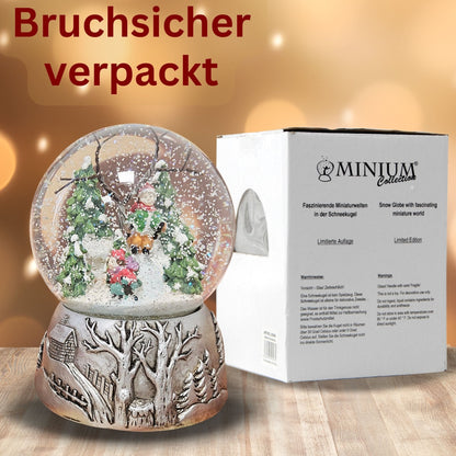 Nostalgische Schneekugel Skifahrer auf Silber Landschaft 100 mm Durchmesser mit Spieluhr - Schneekugelhaus