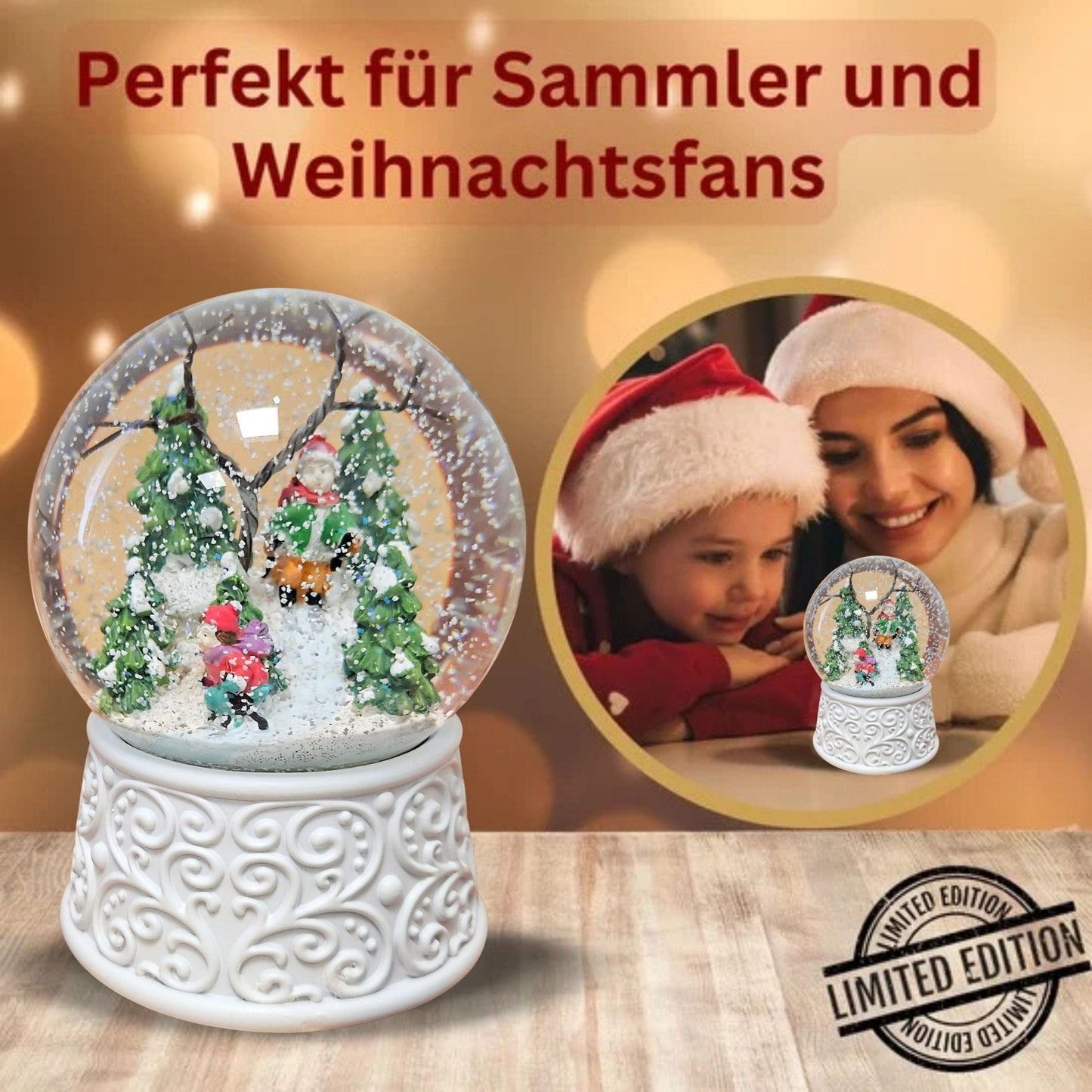 Nostalgische Schneekugel Skifahrer Ornamente 100 mm Durchmesser mit Spieluhr - Schneekugelhaus