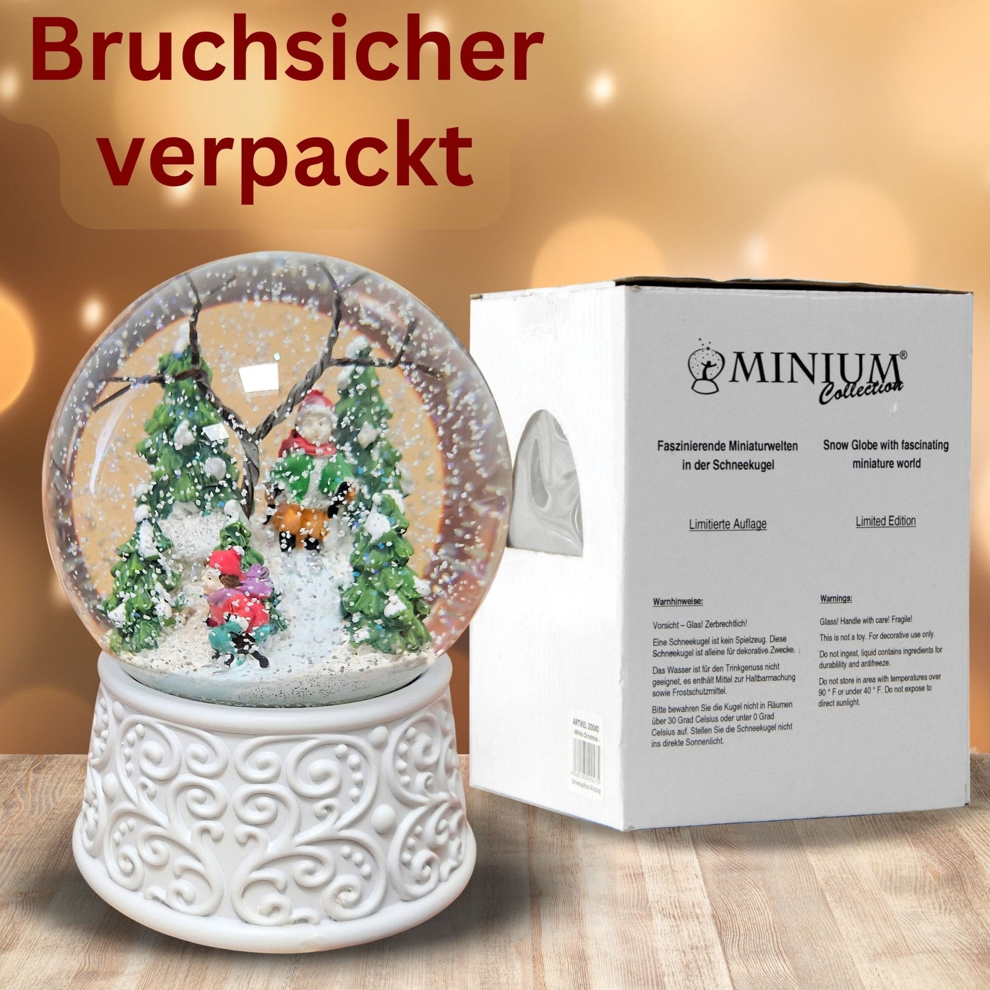 Nostalgische Schneekugel Skifahrer Ornamente 100 mm Durchmesser mit Spieluhr - Schneekugelhaus