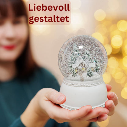 Nostalgische Schneekugel verschneite Berghütte auf Sockel weiß Nostalgie 100 mm Durchmesser mit Spieluhr - Schneekugelhaus