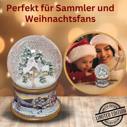 Nostalgische Schneekugel Verschneite Winterhütte auf Winterlandschaft braunton 100 mm Durchmesser mit Spieluhr - Schneekugelhaus