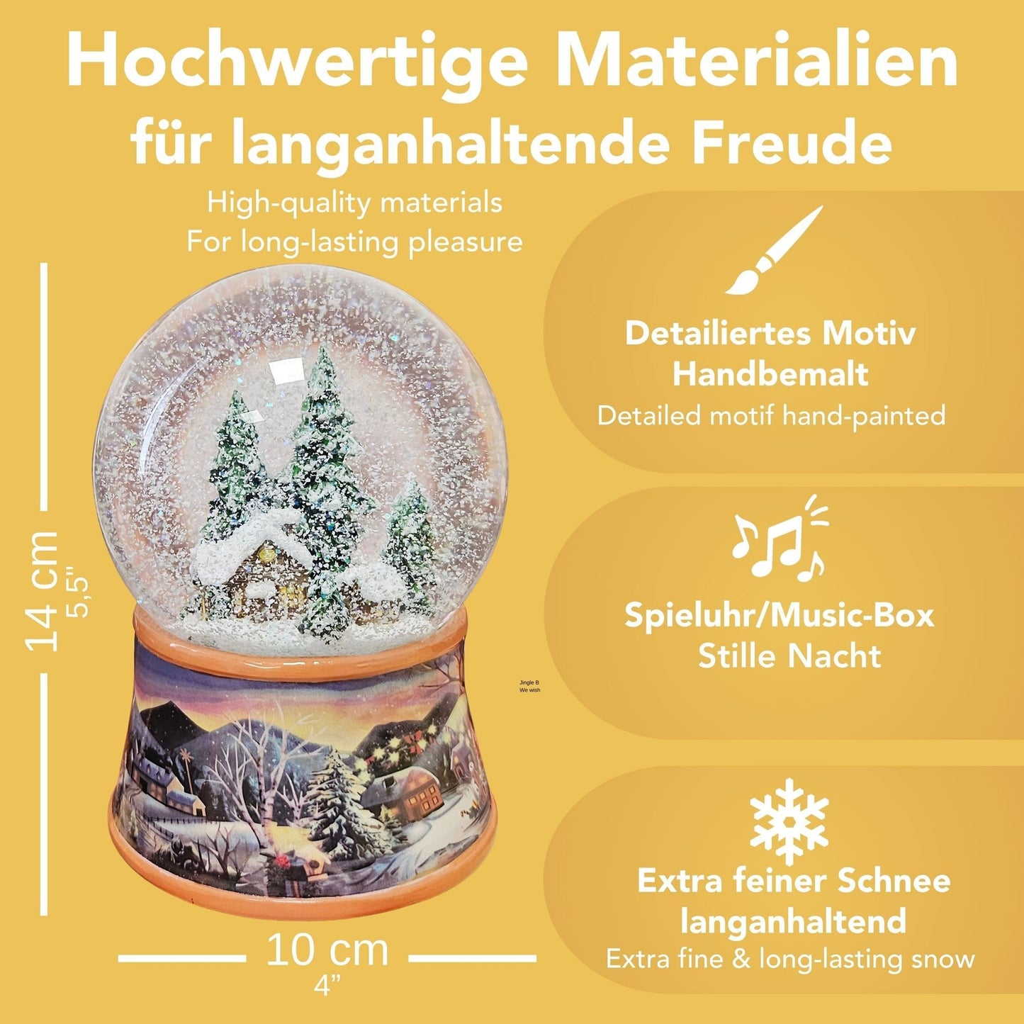 Nostalgische Schneekugel Verschneite Winterhütte auf Winterlandschaft Ocker 100 mm Durchmesser mit Spieluhr - Schneekugelhaus