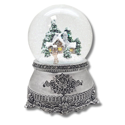 Nostalgische Schneekugel Verschneite Winterhütte auf Zinnsockel 100 mm Durchmesser mit Spieluhr - Schneekugelhaus