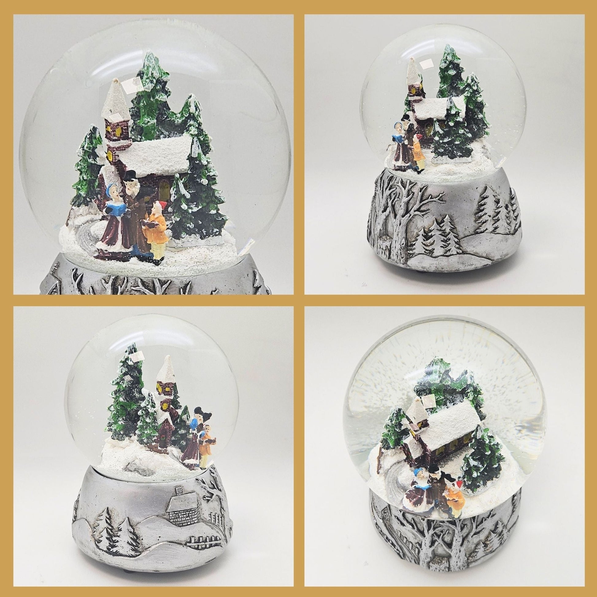 Nostalgische Schneekugel Weihnachtsspaziergang auf Silber Landschaft 100 mm Durchmesser mit Spieluhr - Schneekugelhaus