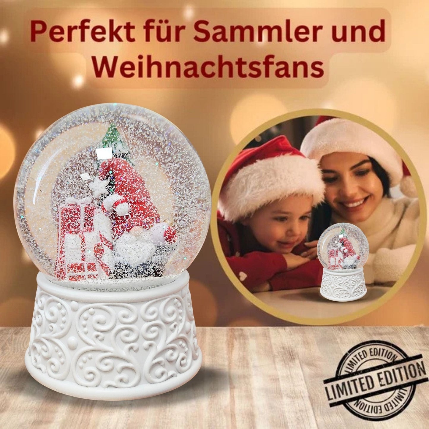 Nostalgische Schneekugel Wichtel rot auf Ornamente 100 mm Durchmesser mit Spieluhr - Schneekugelhaus