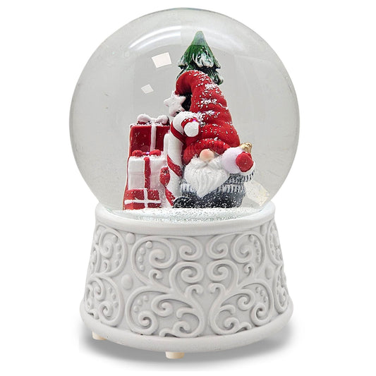 Nostalgische Schneekugel Wichtel rot auf Ornamente 100 mm Durchmesser mit Spieluhr - Schneekugelhaus