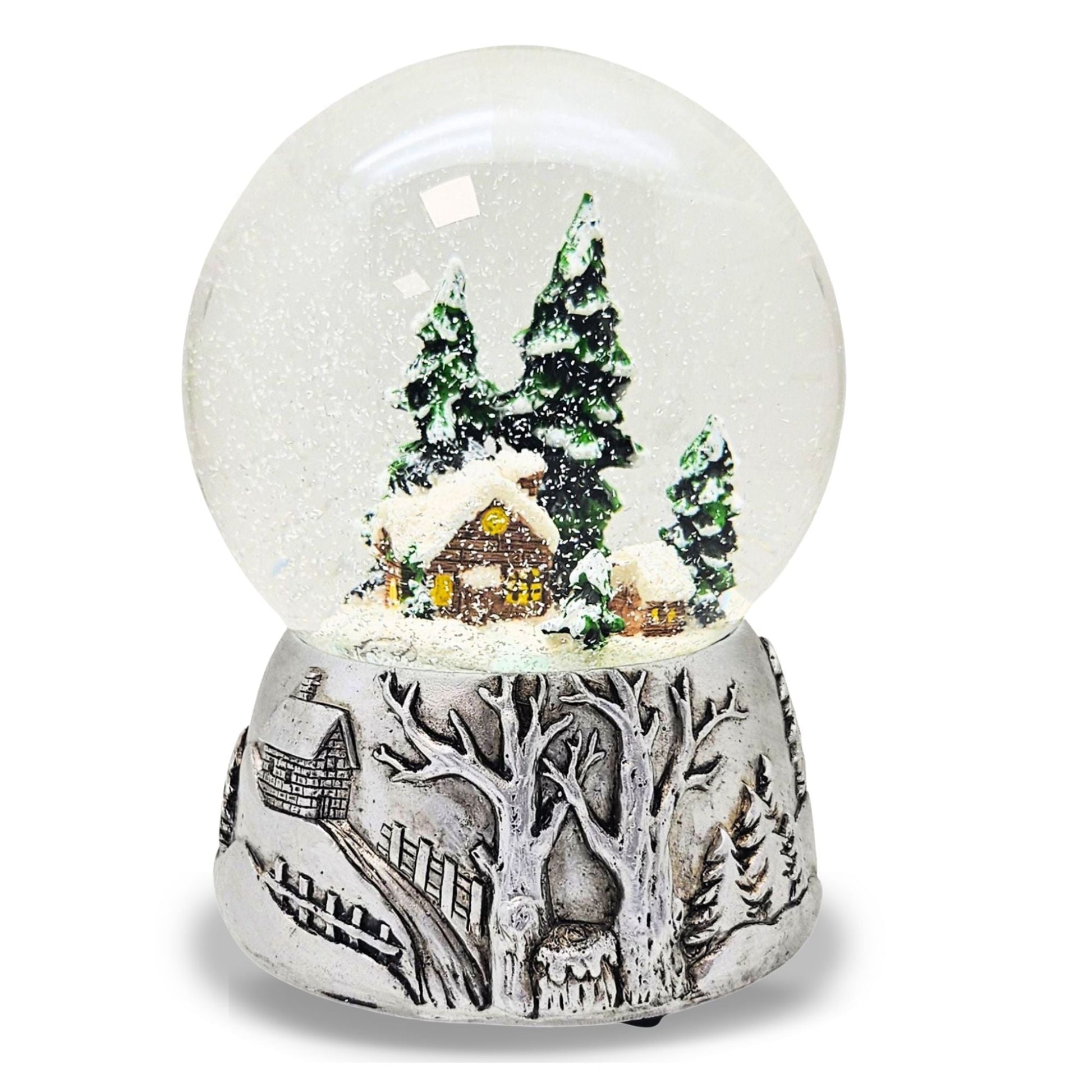 Nostalgische Schneekugel Winterhütte auf Silber Landschaft 100 mm Durchmesser mit Spieluhr - Schneekugelhaus