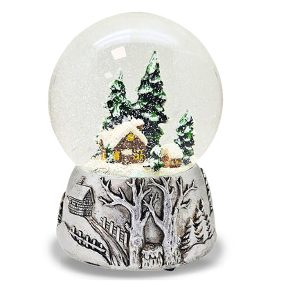 Nostalgische Schneekugel Winterhütte auf Silber Landschaft 100 mm Durchmesser mit Spieluhr - Schneekugelhaus