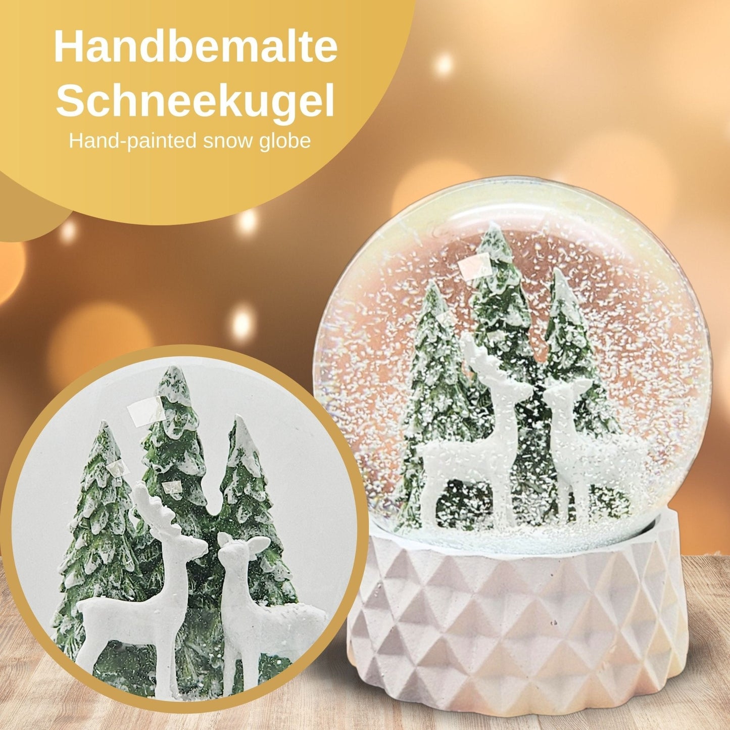 Schneekugel 2 Rehe auf Sockel weiß kubisch "PURE - Line" 10 cm Durchmesser - Schneekugelhaus