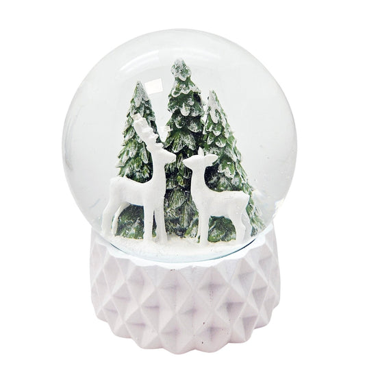Schneekugel 2 Rehe auf Sockel weiß kubisch "PURE - Line" 10 cm Durchmesser - Schneekugelhaus