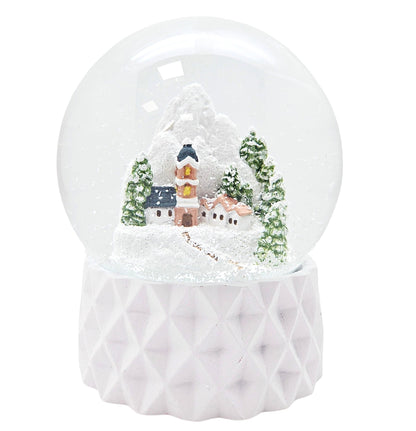 Schneekugel Bergdorf auf Sockel weiß kubisch "PURE - Line" 10 cm Durchmesser - Schneekugelhaus