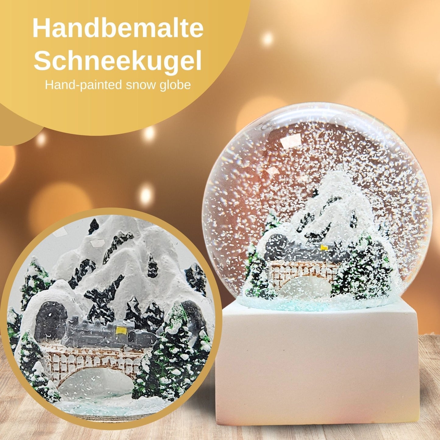 Schneekugel Berge mit Brücke auf Sockel weiß eck "PURE - Line" 10 cm Durchmesser - Schneekugelhaus