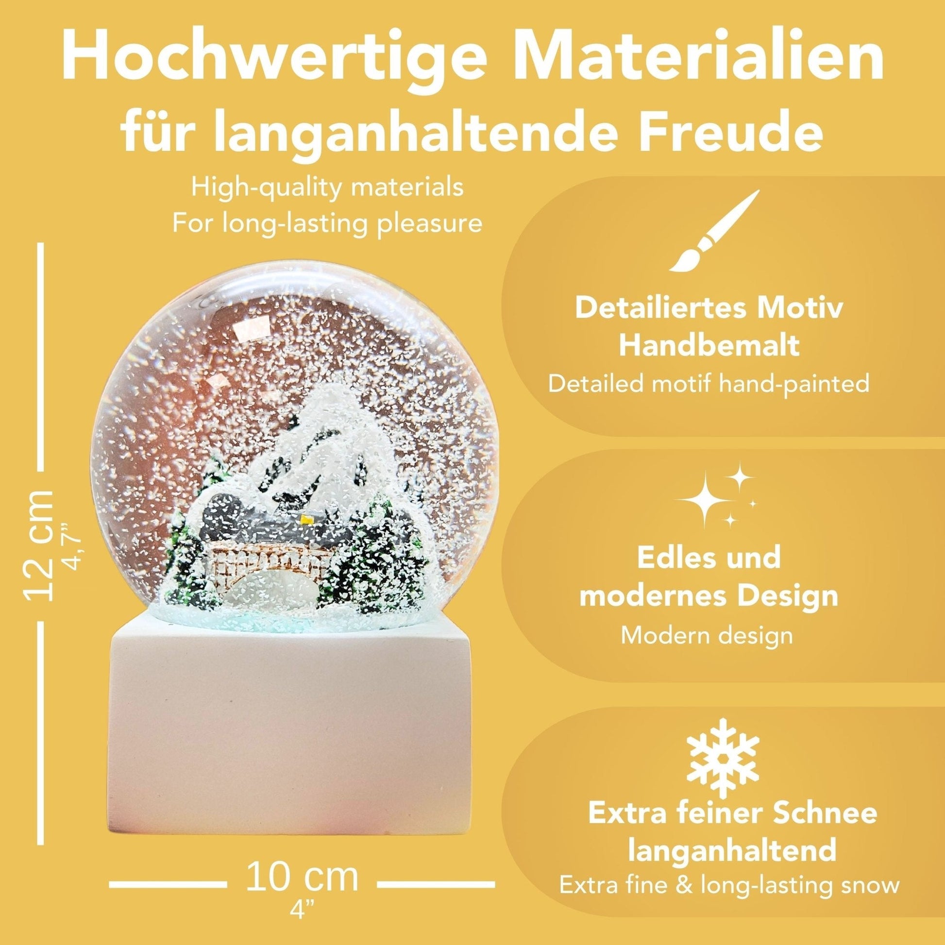 Schneekugel Berge mit Brücke auf Sockel weiß eck "PURE - Line" 10 cm Durchmesser - Schneekugelhaus