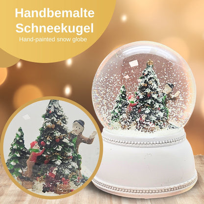 Schneekugel Christbaum schmücken auf Sockel weiß nostalgisch 100 mm Durchmesser mit Spieluhr - Schneekugelhaus