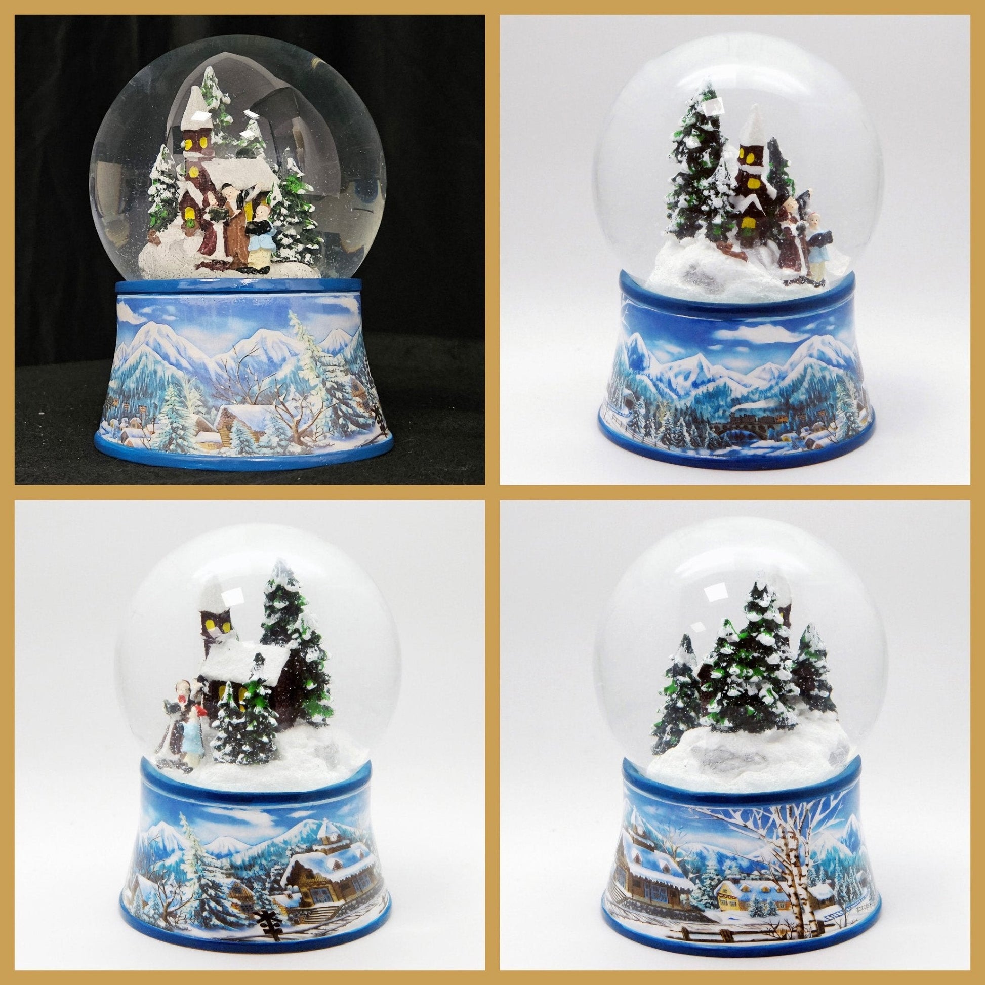 Schneekugel Romantischer Winterspaziergang auf Sockel Winterlandschaft hellblau mit Spieluhr - Schneekugelhaus
