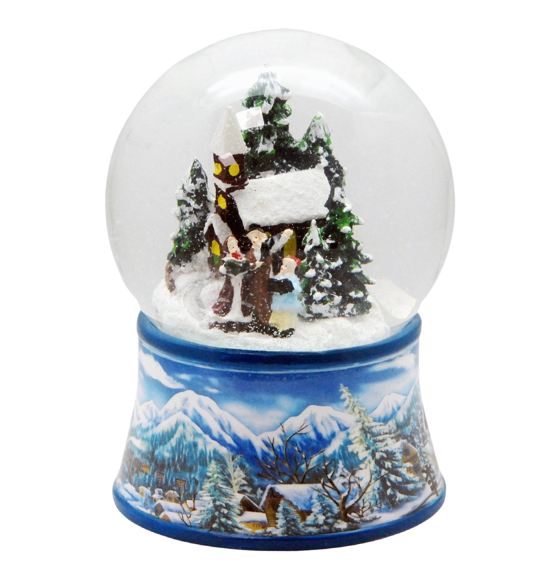 Schneekugel Romantischer Winterspaziergang auf Sockel Winterlandschaft hellblau mit Spieluhr - Schneekugelhaus