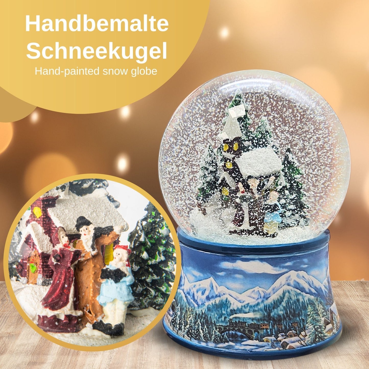 Schneekugel Romantischer Winterspaziergang auf Sockel Winterlandschaft hellblau mit Spieluhr - Schneekugelhaus