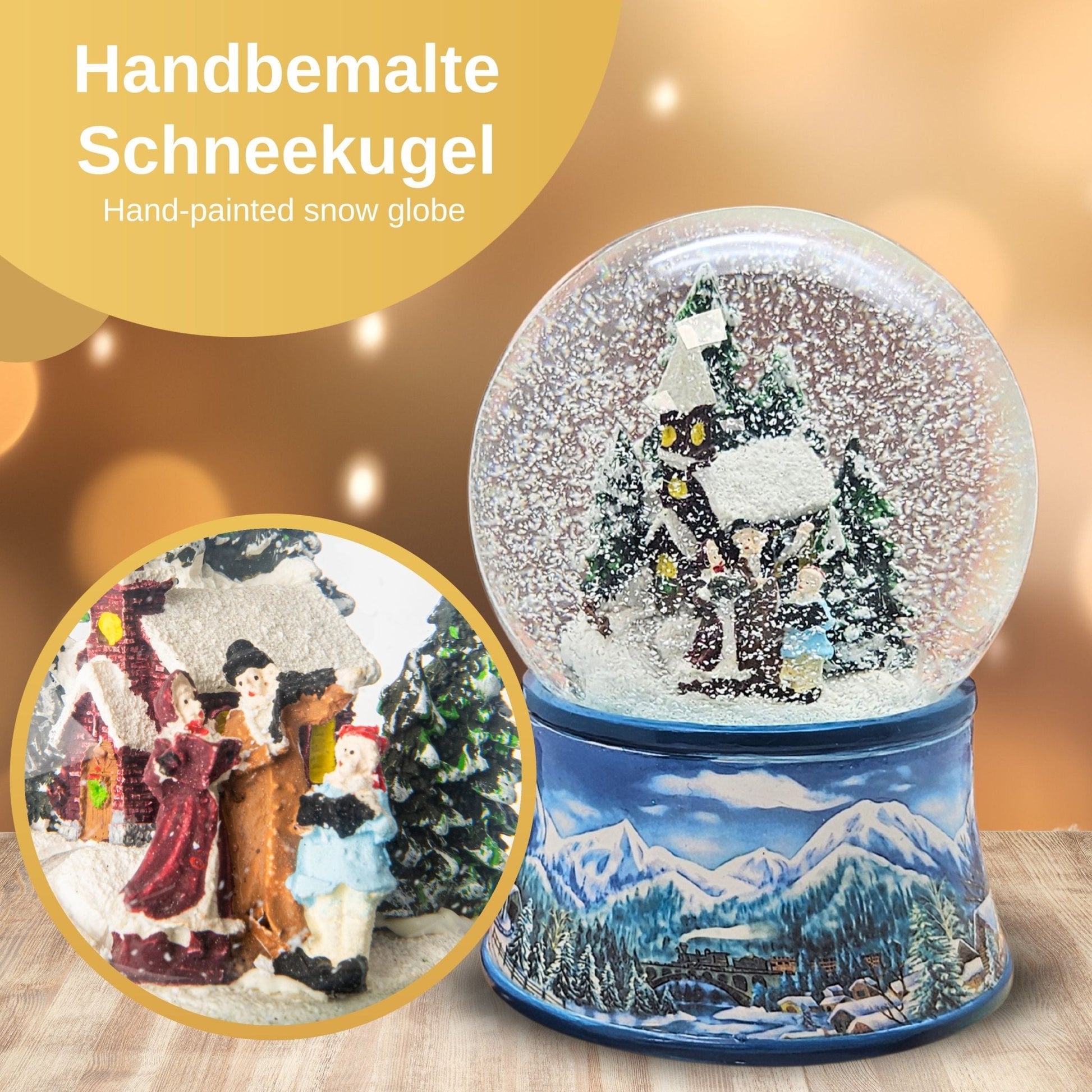 Schneekugel Romantischer Winterspaziergang auf Sockel Winterlandschaft hellblau mit Spieluhr - Schneekugelhaus