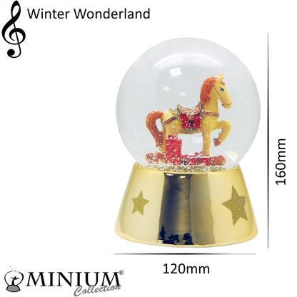 Schneekugel Schaukelpferd rot gold mit Geschenken Sockel gold mit Sternen mit Spieluhr 12 cm Durchmesser - Schneekugelhaus