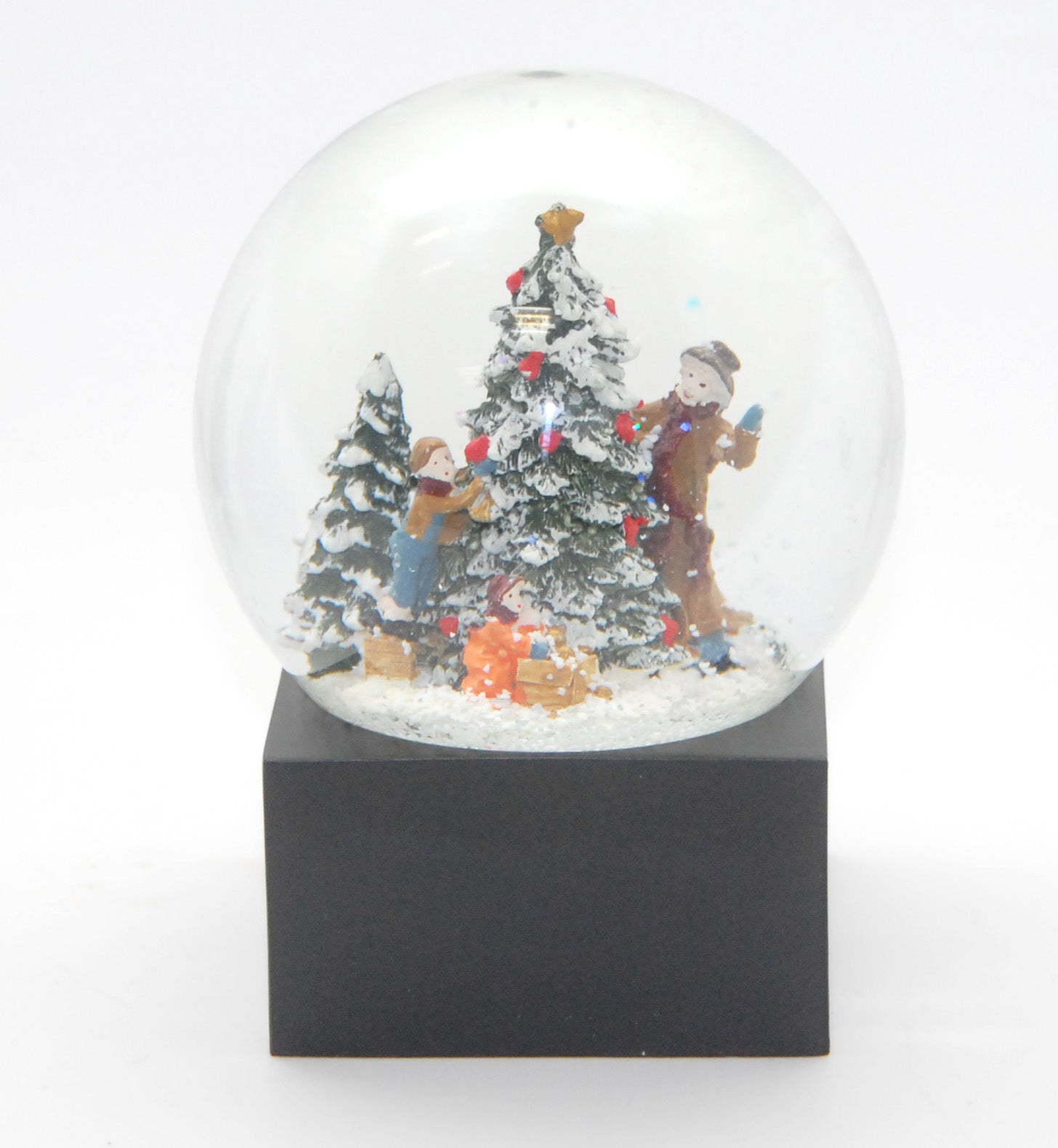 Schneekugel Weihnachtsbaum schmücken auf Sockel schwarz eckig "PURE-Line" 10 cm Durchmesser - Schneekugelhaus