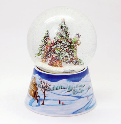 Schneekugel Weihnachtsbaum schmücken auf Sockel Winterlandschaft mittelblau mit Spieluhr 10 cm Durchmesser - Schneekugelhaus
