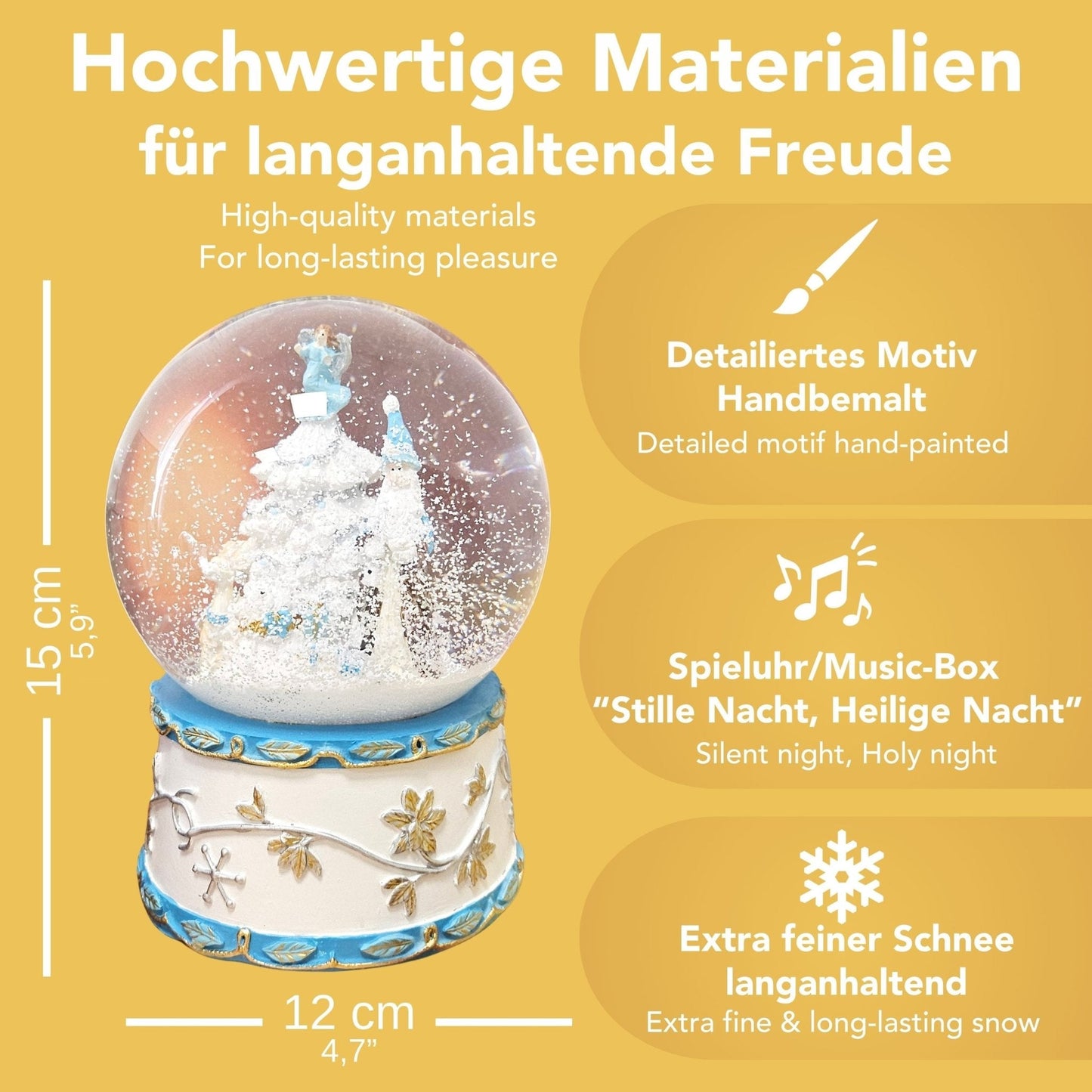 Schneekugel Weihnachtsmann mit Spieluhr, blau silber - 120 mm Durchmesser - Schneekugelhaus