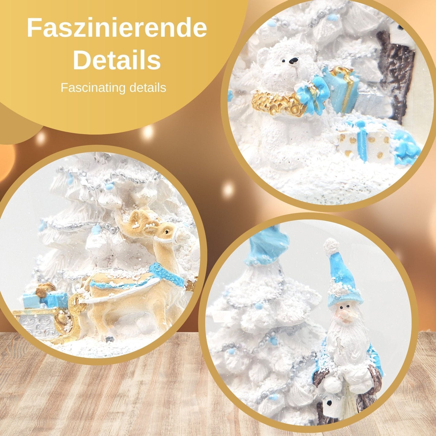 Schneekugel Weihnachtsmann mit Spieluhr, blau silber - 120 mm Durchmesser - Schneekugelhaus