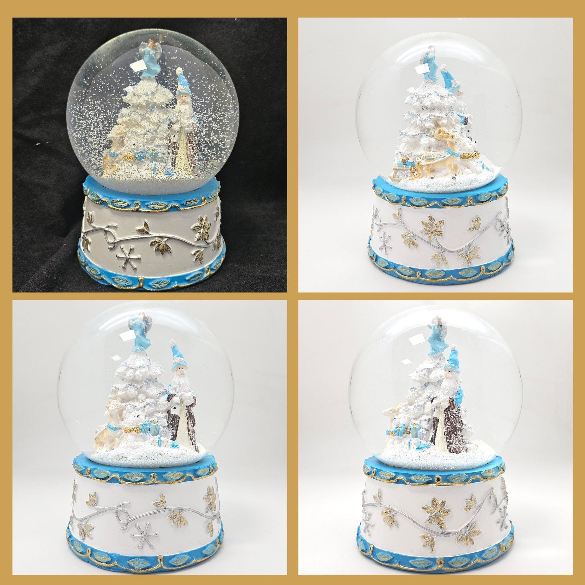 Schneekugel Weihnachtsmann mit Spieluhr, blau silber - 120 mm Durchmesser - Schneekugelhaus