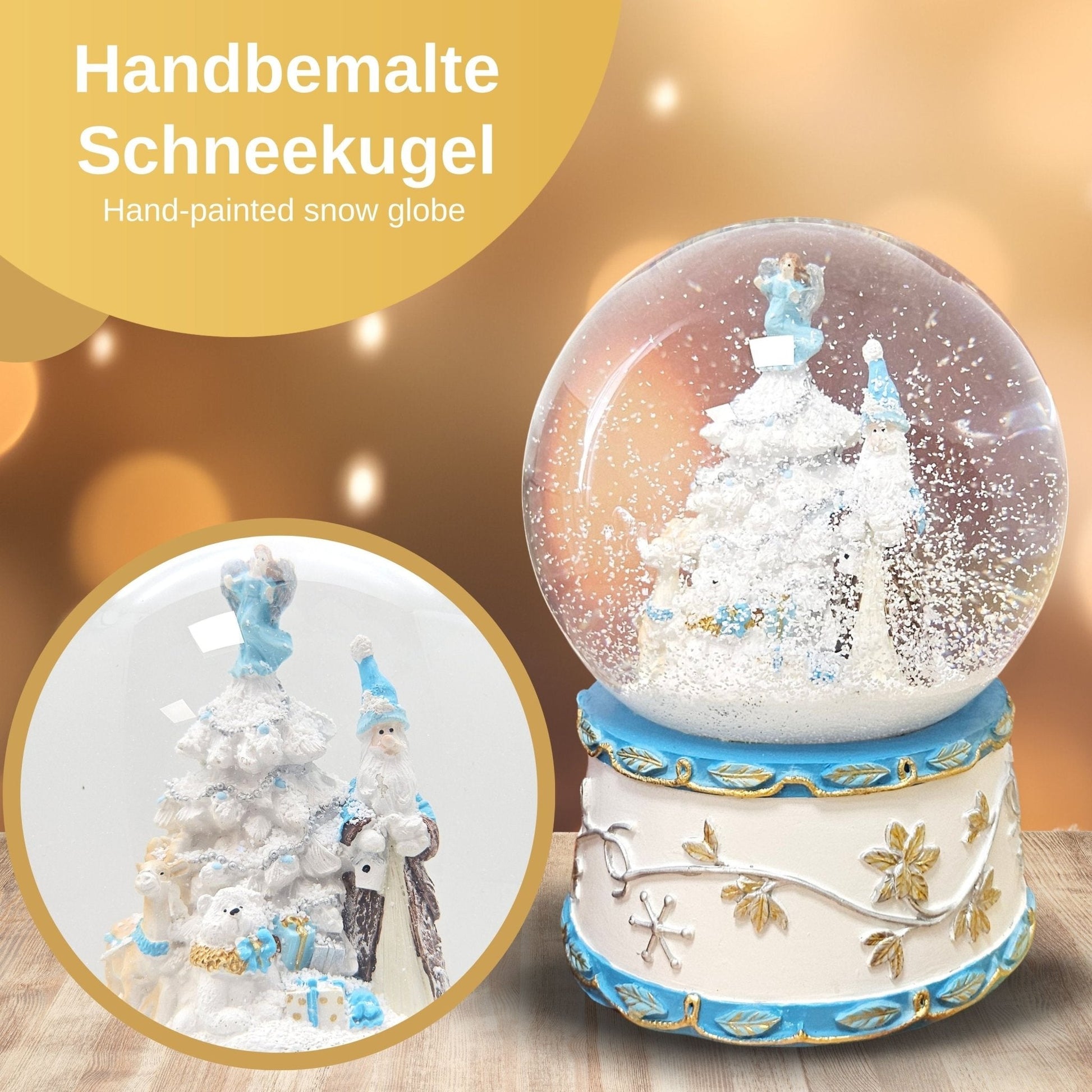 Schneekugel Weihnachtsmann mit Spieluhr, blau silber - 120 mm Durchmesser - Schneekugelhaus