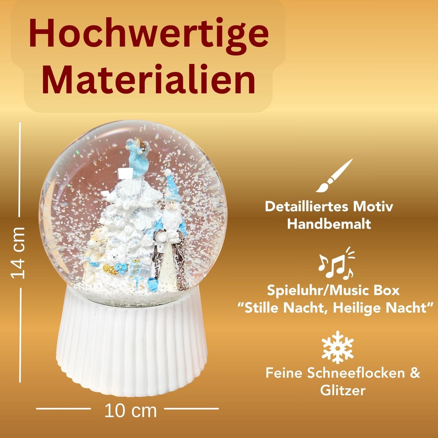 Schneekugel Weihnachtsmann mit Spieluhr, blau silber auf weiß geriffelt - 120 mm Durchmesser - Schneekugelhaus